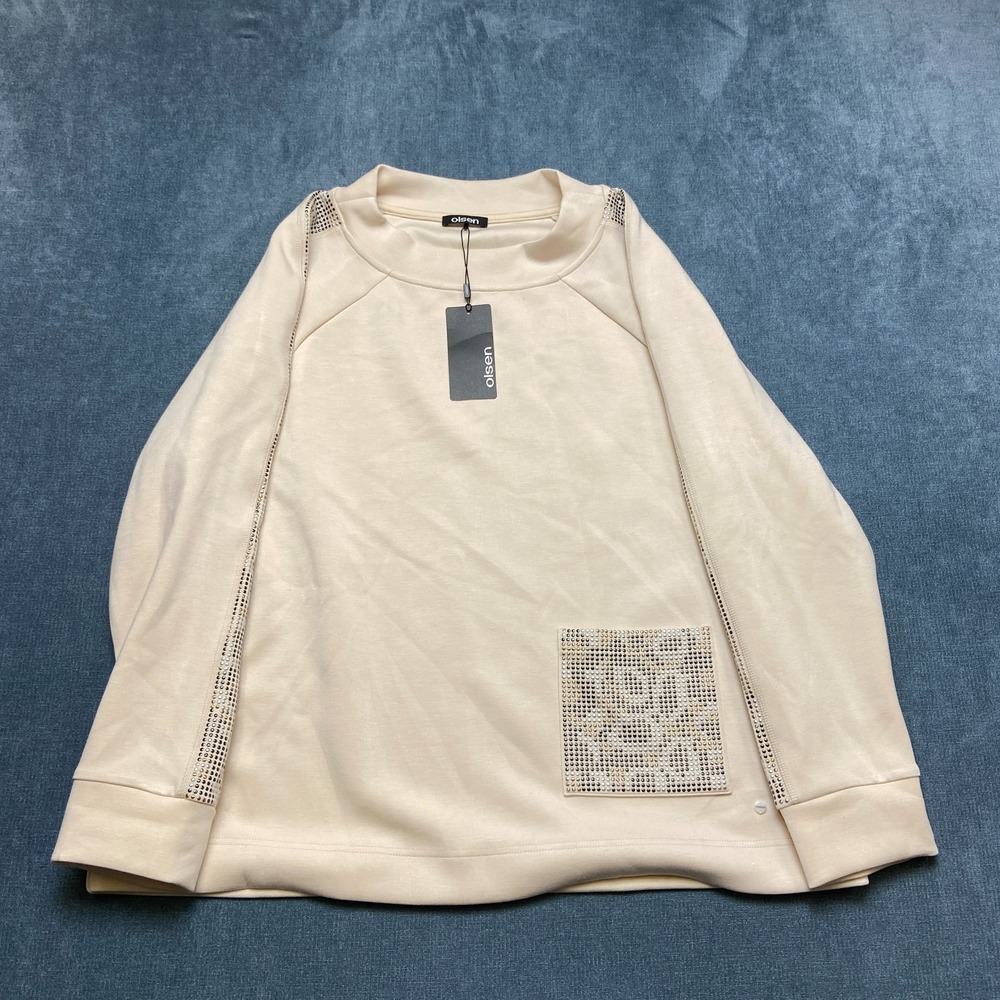 Olsen Jersey Top Womens XL/16 Cream Logo Raglan Long Sleeve Studded Funnel Neck